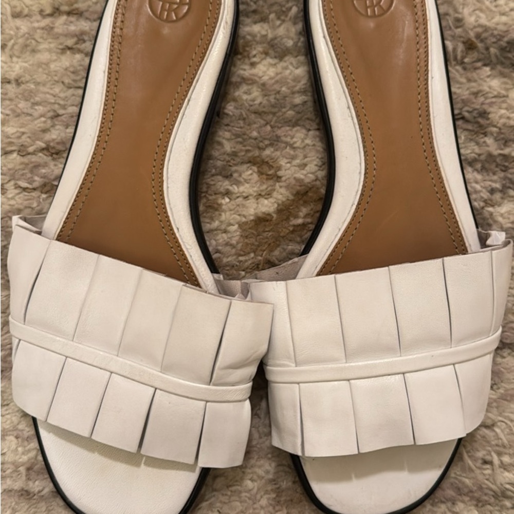 The Row Cream Leather Fringe Slide Mules